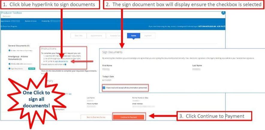 One click to sign all documents. Within Instructions click on blue link, in Sign Documents box ensure checkbox is selected, click Continue to Payment button